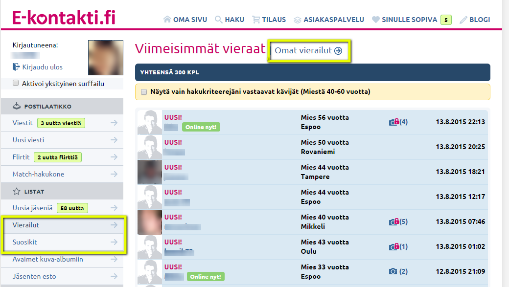 Vieraat ja suosikit -kansiot yhdistettiin E-kontakti.fissä.